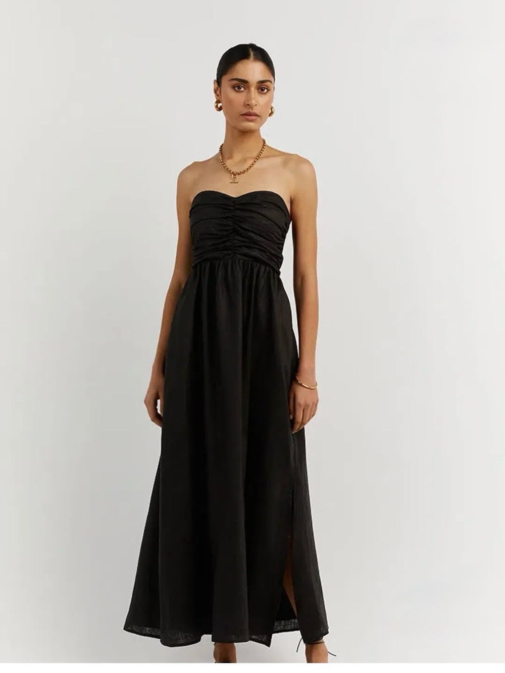 DISSH BONNIE LINEN SWEETHEART STRAPLESS MIDI DRESS